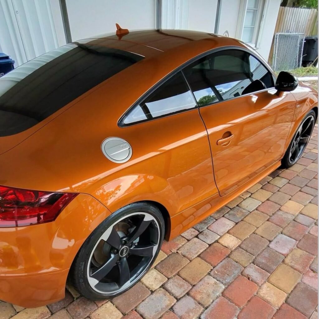 shiny exterior of orange luxury car after full premium car detailing in sarasota florida by orozco auto detailing